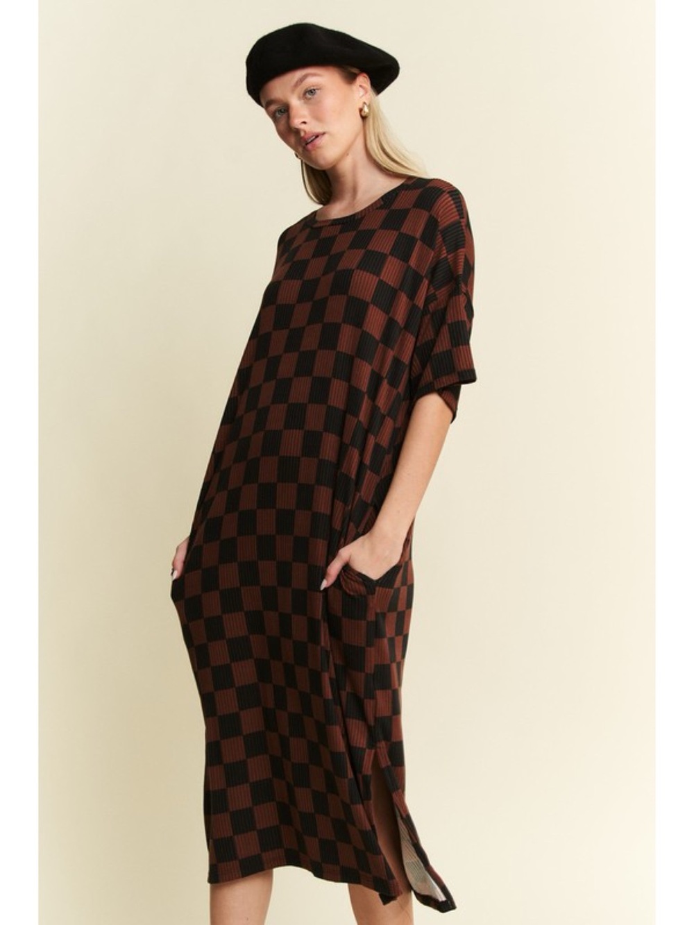 Checkerboard Shift Dress in Brown and Black